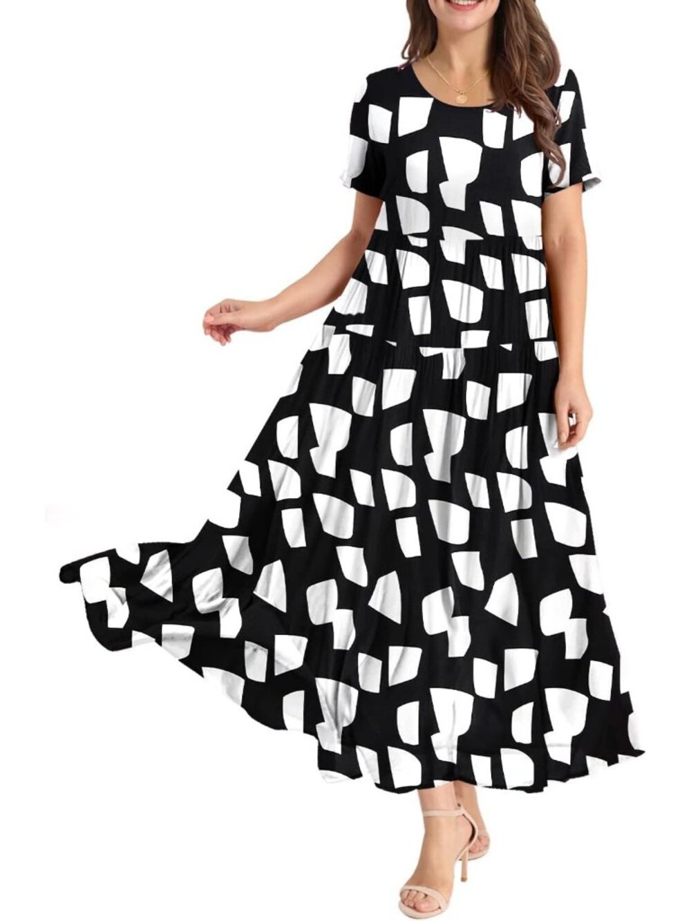 Women's Black White Crew Neck Classic Short Sleeve Pull On Floral Maxi Dresses - Picture 2 of 5